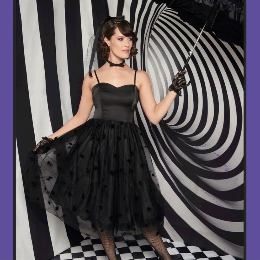 Beetlejuice x Unique Vintage Black Flocked Cockroach Swing Dress, Sz  L
